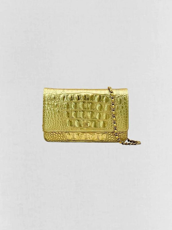 Pre-loved CHANEL WOC Metallic Gold Crocodile Embossed Crossbody at Reems Closet