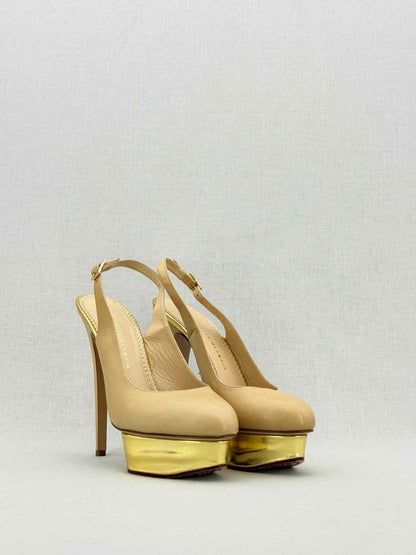 Pre - loved CHARLOTTE OLYMPIA Beige & Gold Size EU 41 Slingbacks at Reems Closet