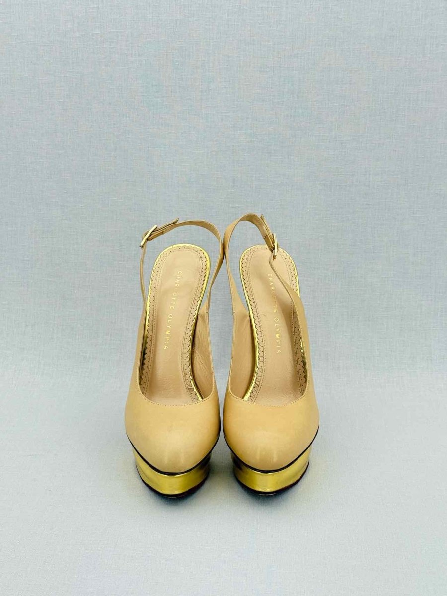 Pre - loved CHARLOTTE OLYMPIA Beige & Gold Size EU 41 Slingbacks at Reems Closet