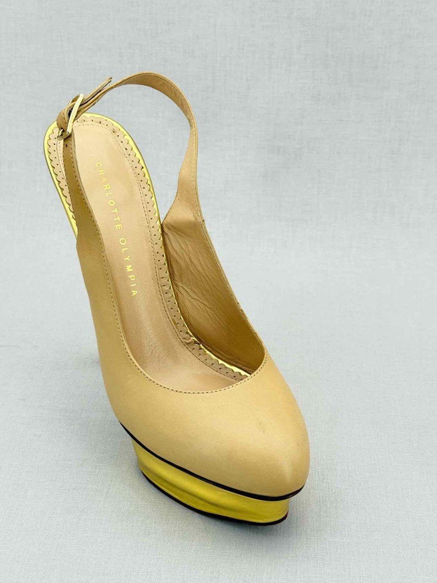 Pre - loved CHARLOTTE OLYMPIA Beige & Gold Size EU 41 Slingbacks at Reems Closet