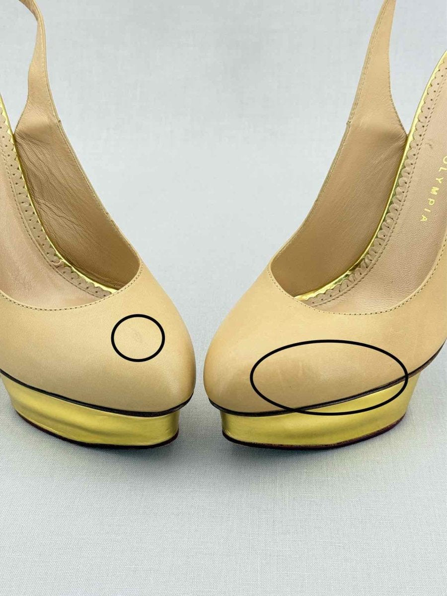 Pre - loved CHARLOTTE OLYMPIA Beige & Gold Size EU 41 Slingbacks at Reems Closet