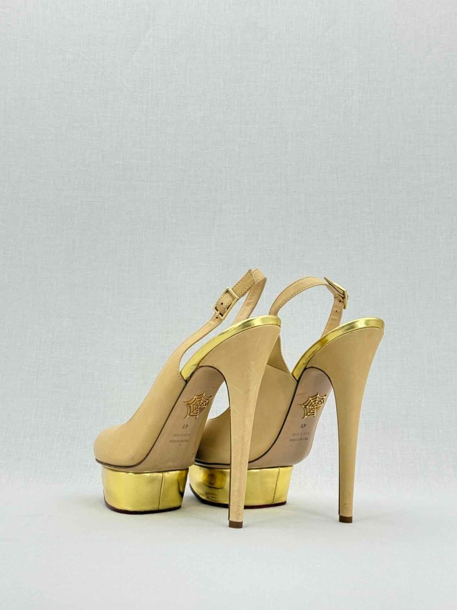 Pre - loved CHARLOTTE OLYMPIA Beige & Gold Size EU 41 Slingbacks at Reems Closet