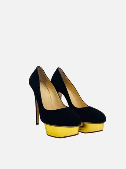 Pre - loved CHARLOTTE OLYMPIA Black w/ Gold Pumps at Reems Closet