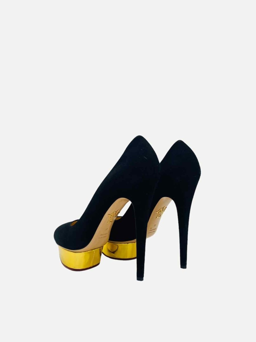 Pre - loved CHARLOTTE OLYMPIA Black w/ Gold Pumps at Reems Closet