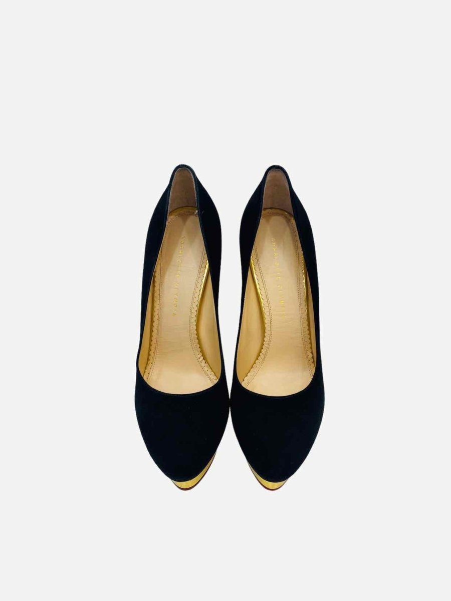 Pre - loved CHARLOTTE OLYMPIA Black w/ Gold Pumps at Reems Closet