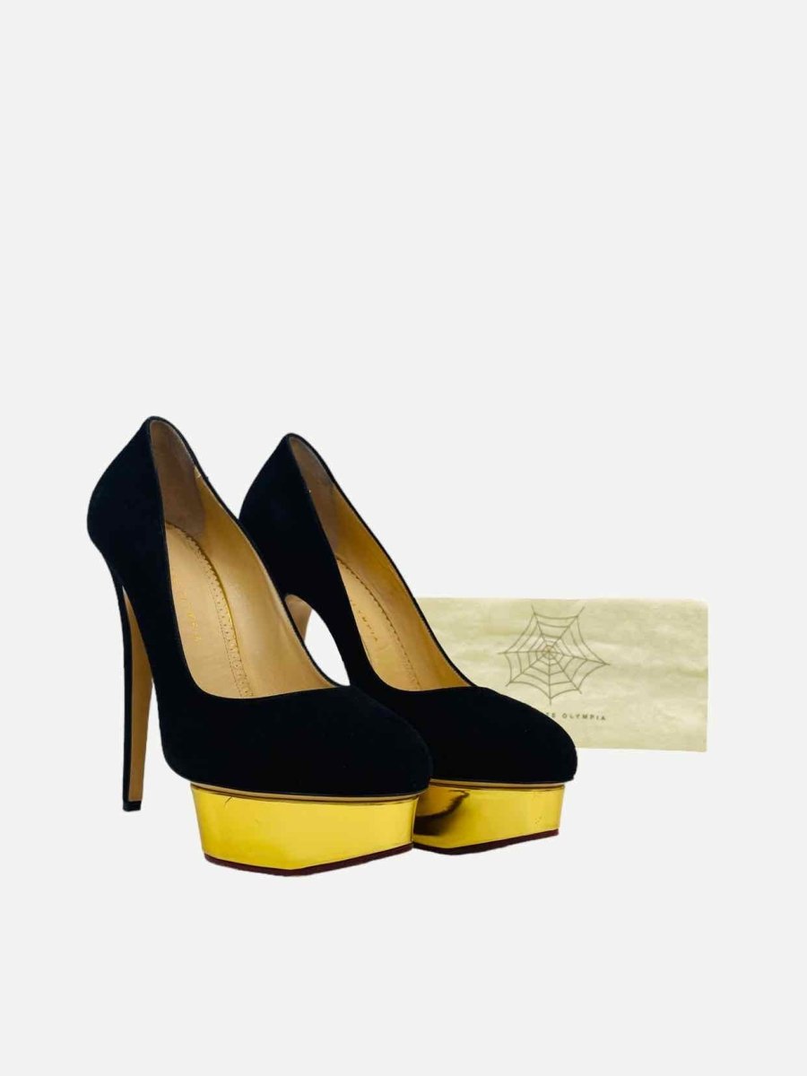 Pre - loved CHARLOTTE OLYMPIA Black w/ Gold Pumps at Reems Closet