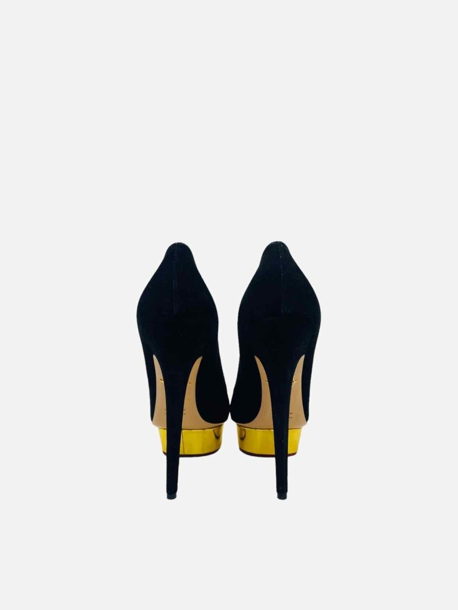 Pre - loved CHARLOTTE OLYMPIA Black w/ Gold Pumps at Reems Closet