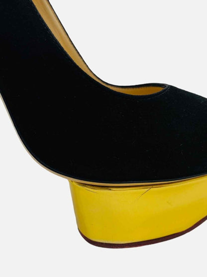 Pre - loved CHARLOTTE OLYMPIA Black w/ Gold Pumps at Reems Closet