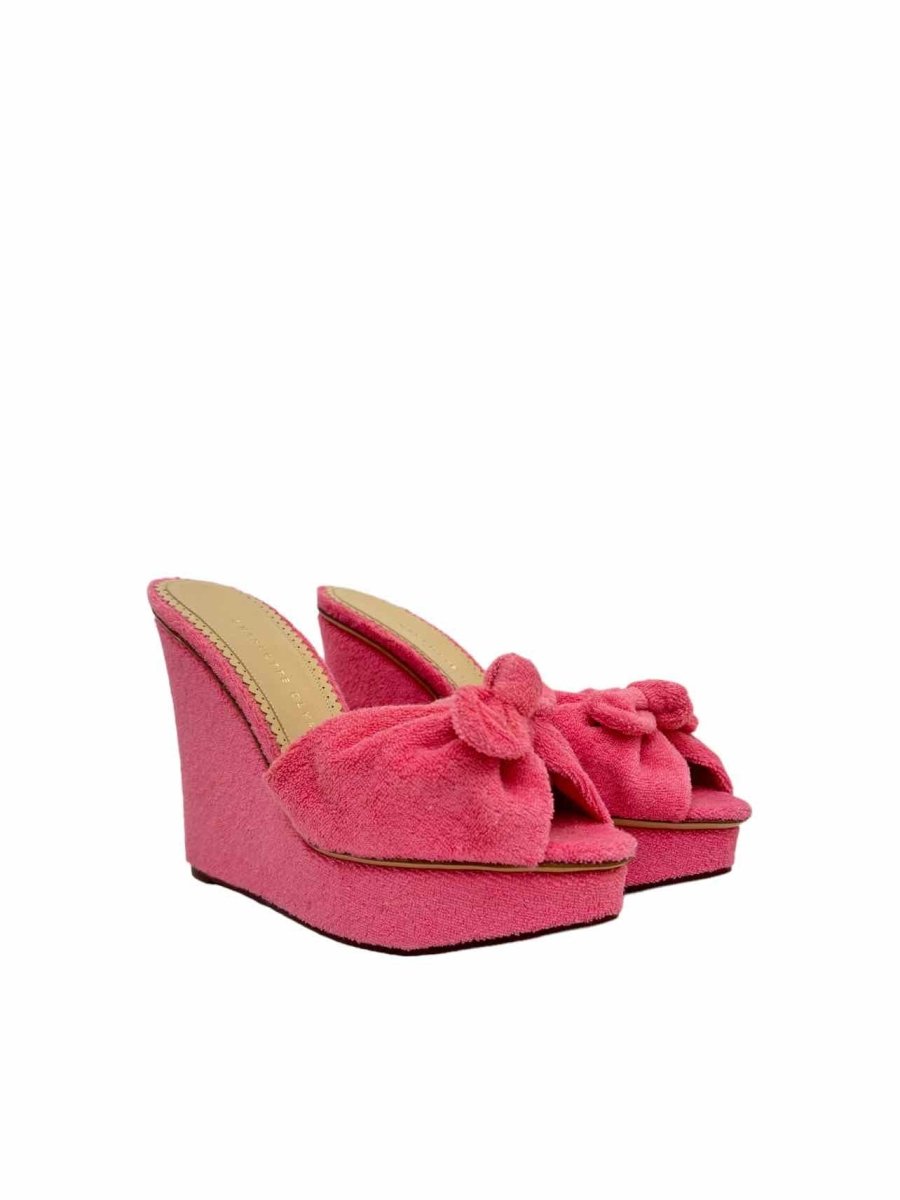 Pre - loved CHARLOTTE OLYMPIA Bow Pink Wedges 38 at Reems Closet