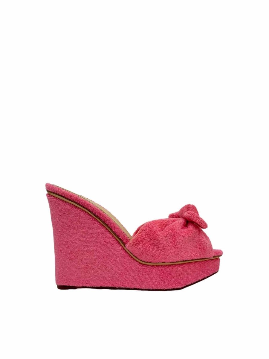 Pre - loved CHARLOTTE OLYMPIA Bow Pink Wedges 38 at Reems Closet