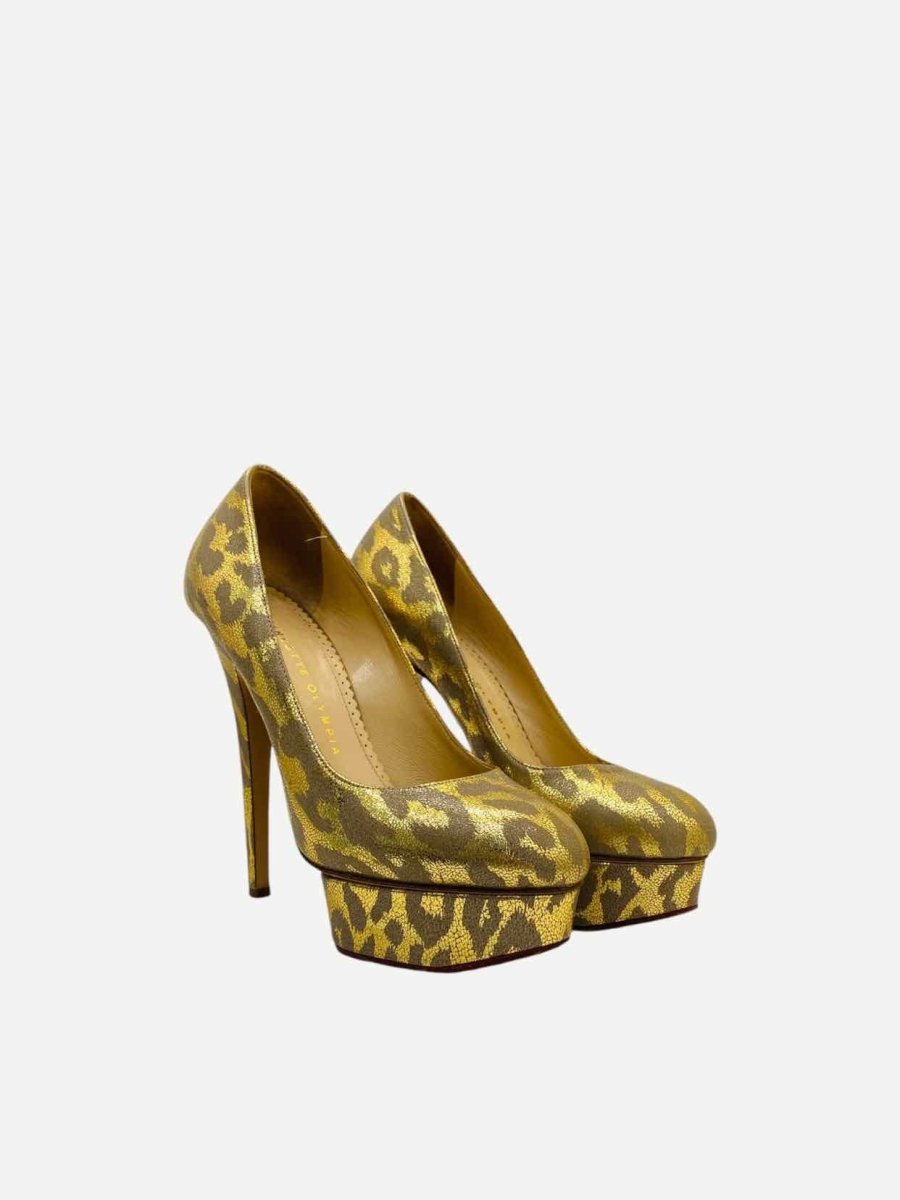 Pre - loved CHARLOTTE OLYMPIA Dolly Gold & Brown Pumps at Reems Closet