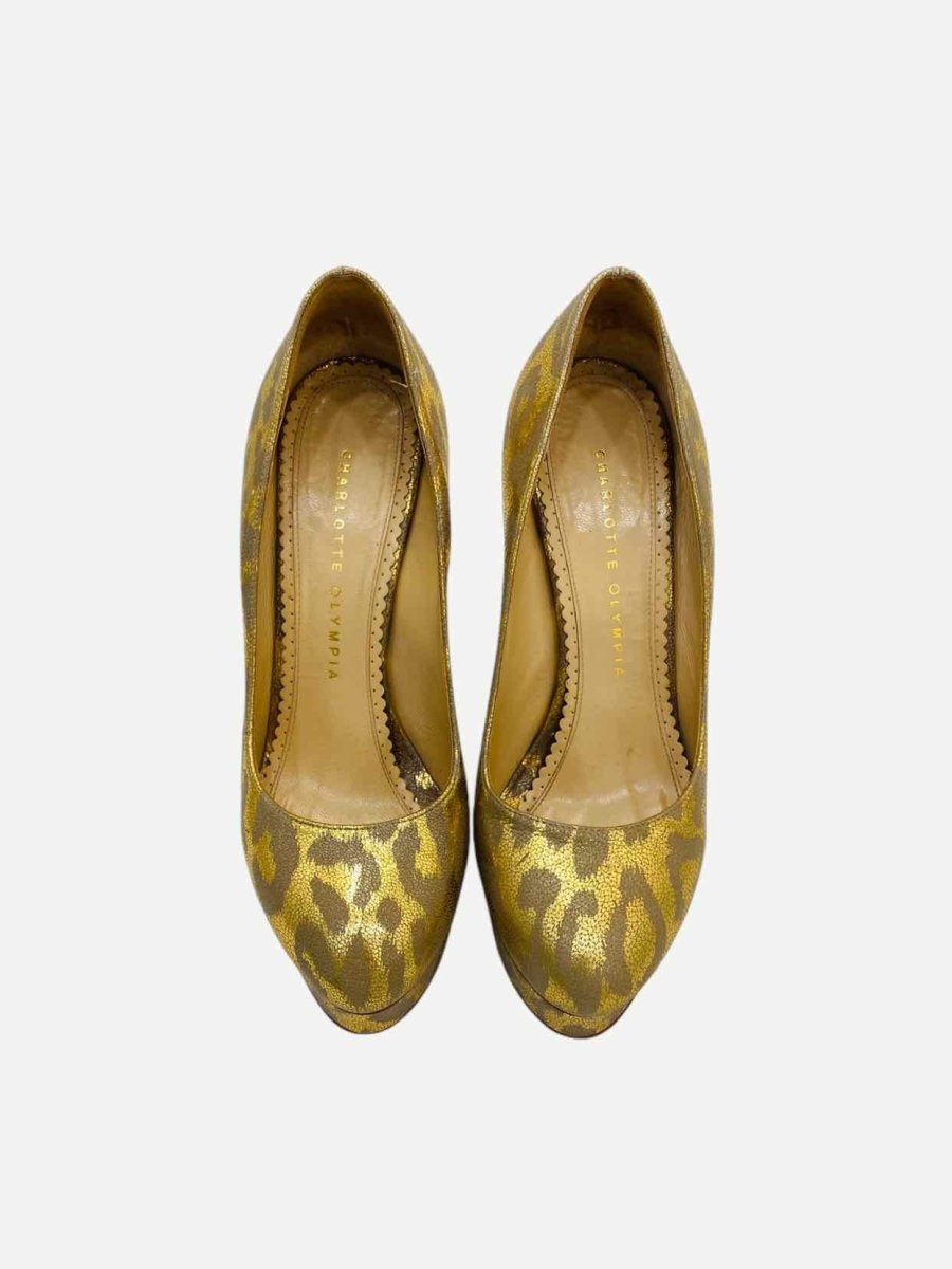 Pre - loved CHARLOTTE OLYMPIA Dolly Gold & Brown Pumps at Reems Closet