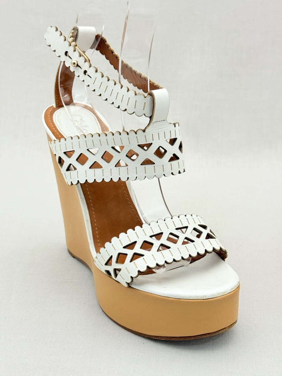 Pre - loved CHLOE Laser Cut White Size EU 37.5 Wedges at Reems Closet