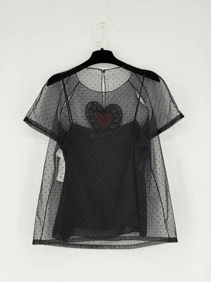 Pre - loved CHRISTIAN DIOR Black Embroidered Heart Size US 6 Blouse at Reems Closet