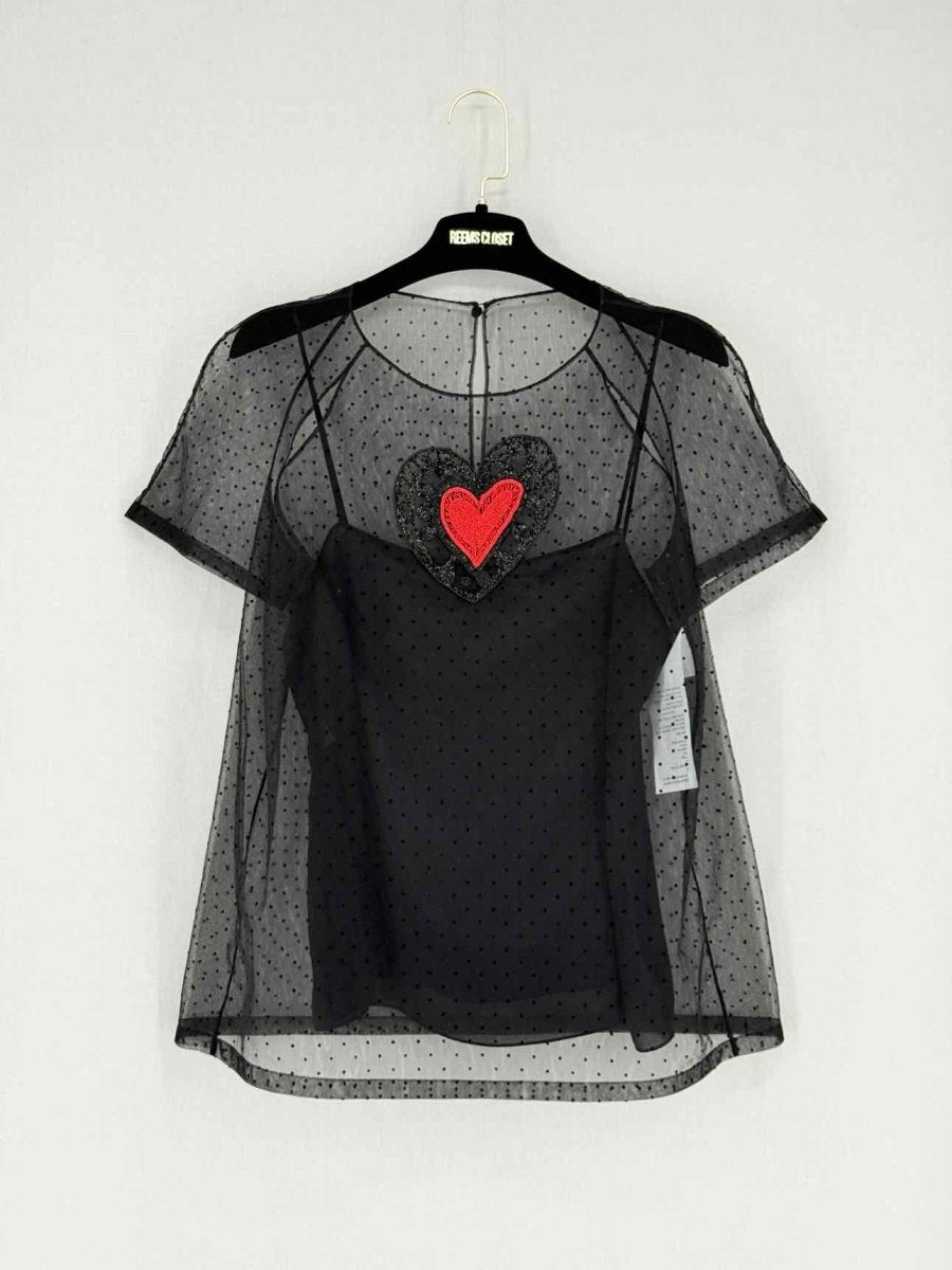 Pre - loved CHRISTIAN DIOR Black Embroidered Heart Size US 6 Blouse at Reems Closet