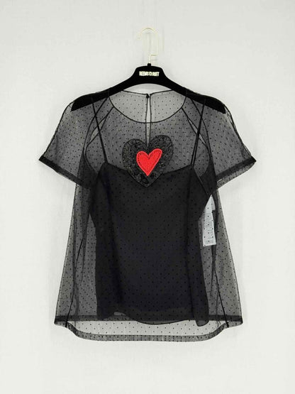 Pre - loved CHRISTIAN DIOR Black Embroidered Heart Size US 6 Blouse at Reems Closet