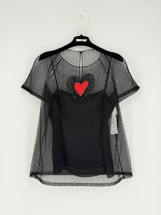 Pre - loved CHRISTIAN DIOR Black Embroidered Heart Size US 6 Blouse at Reems Closet
