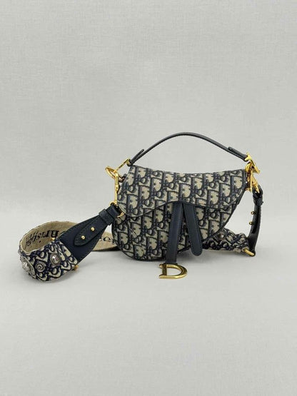 Pre - loved CHRISTIAN DIOR Blue Jacquard Saddle Bag at Reems Closet