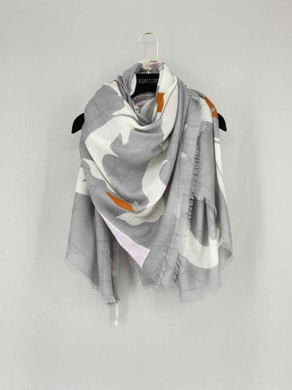 Pre - loved CHRISTIAN DIOR Grey Multicolor Leaf Print Scarf at Reems Closet