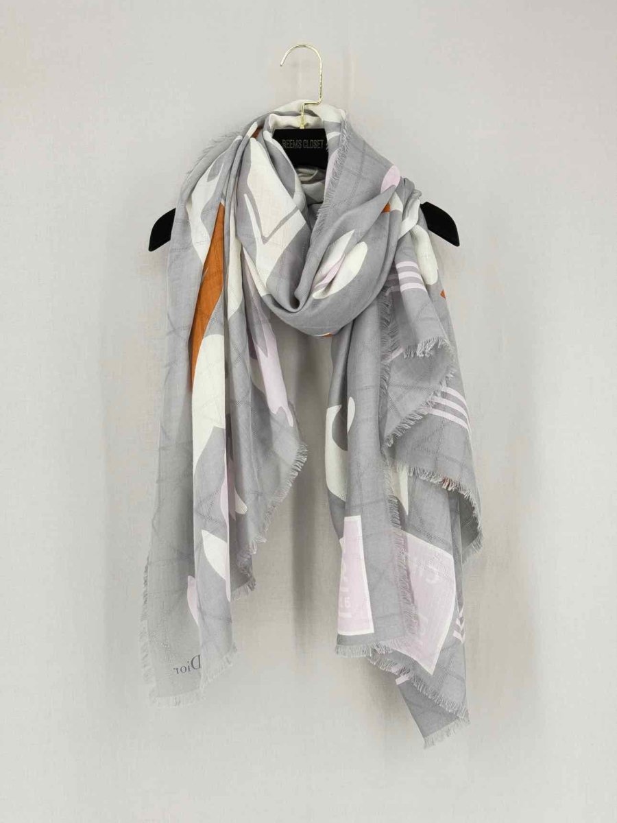 Pre - loved CHRISTIAN DIOR Grey Multicolor Leaf Print Scarf at Reems Closet