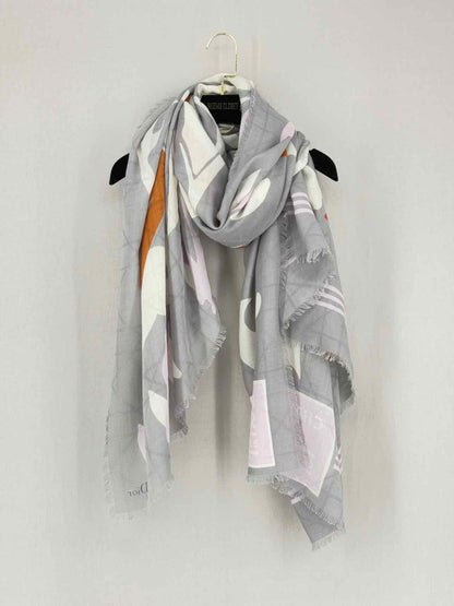Pre - loved CHRISTIAN DIOR Grey Multicolor Leaf Print Scarf at Reems Closet