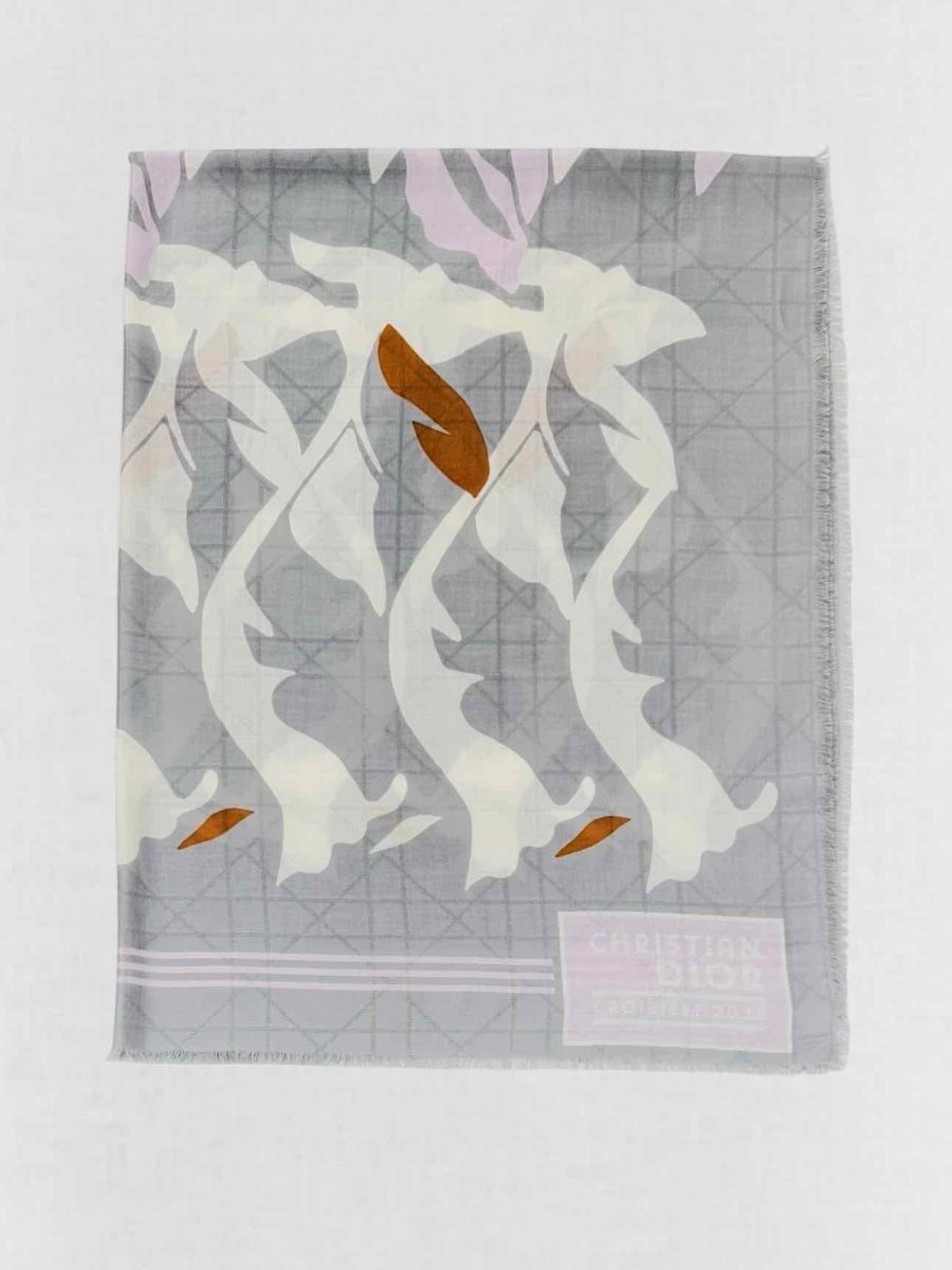 Pre - loved CHRISTIAN DIOR Grey Multicolor Leaf Print Scarf at Reems Closet