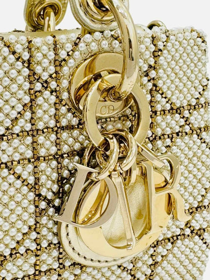 Pre - loved CHRISTIAN DIOR Lady D - Joy Size Micro Pearl Embellished Gold Leather Shoulder Bag at Reems Closet