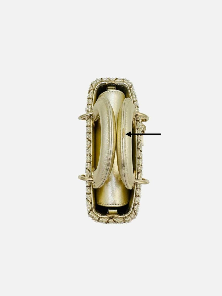 Pre - loved CHRISTIAN DIOR Lady D - Joy Size Micro Pearl Embellished Gold Leather Shoulder Bag at Reems Closet