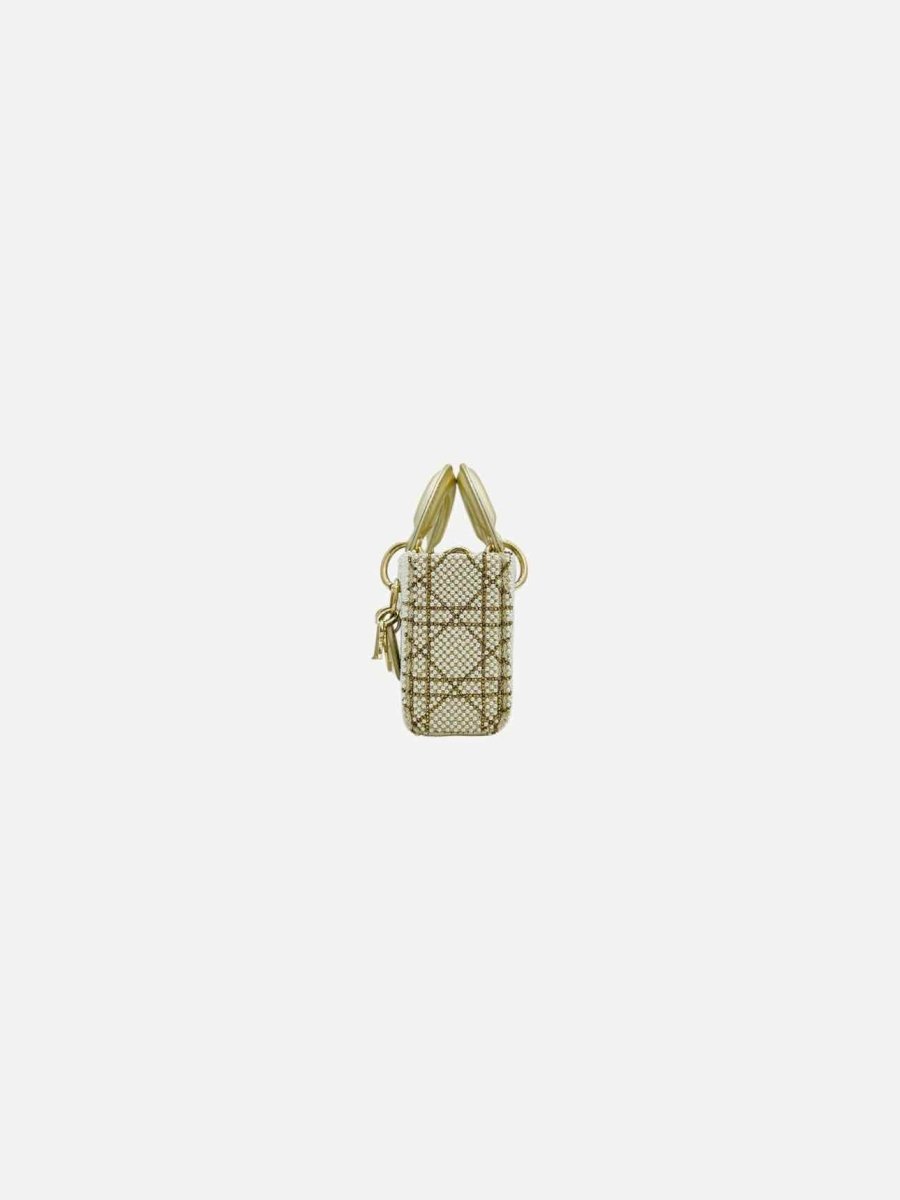 Pre - loved CHRISTIAN DIOR Lady D - Joy Size Micro Pearl Embellished Gold Leather Shoulder Bag at Reems Closet