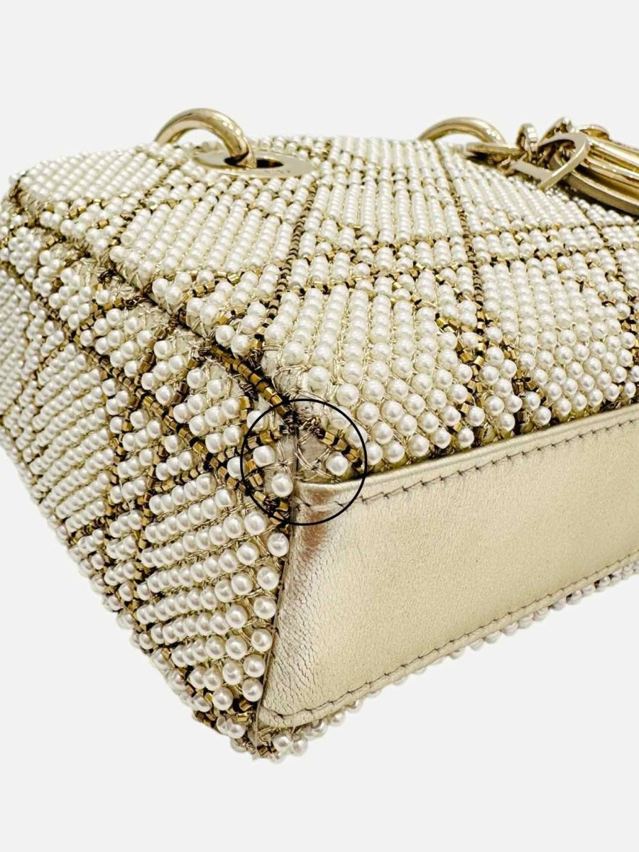 Pre - loved CHRISTIAN DIOR Lady D - Joy Size Micro Pearl Embellished Gold Leather Shoulder Bag at Reems Closet