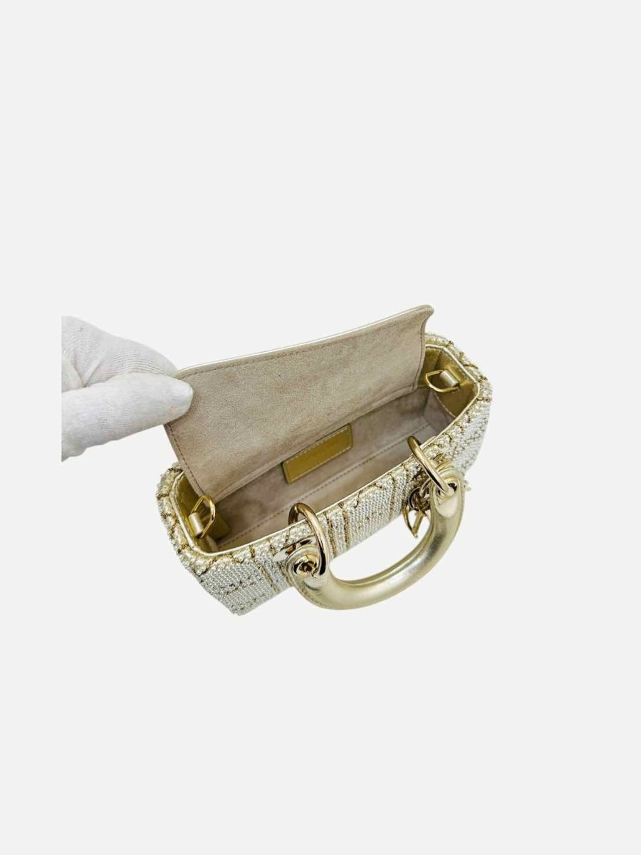 Pre - loved CHRISTIAN DIOR Lady D - Joy Size Micro Pearl Embellished Gold Leather Shoulder Bag at Reems Closet