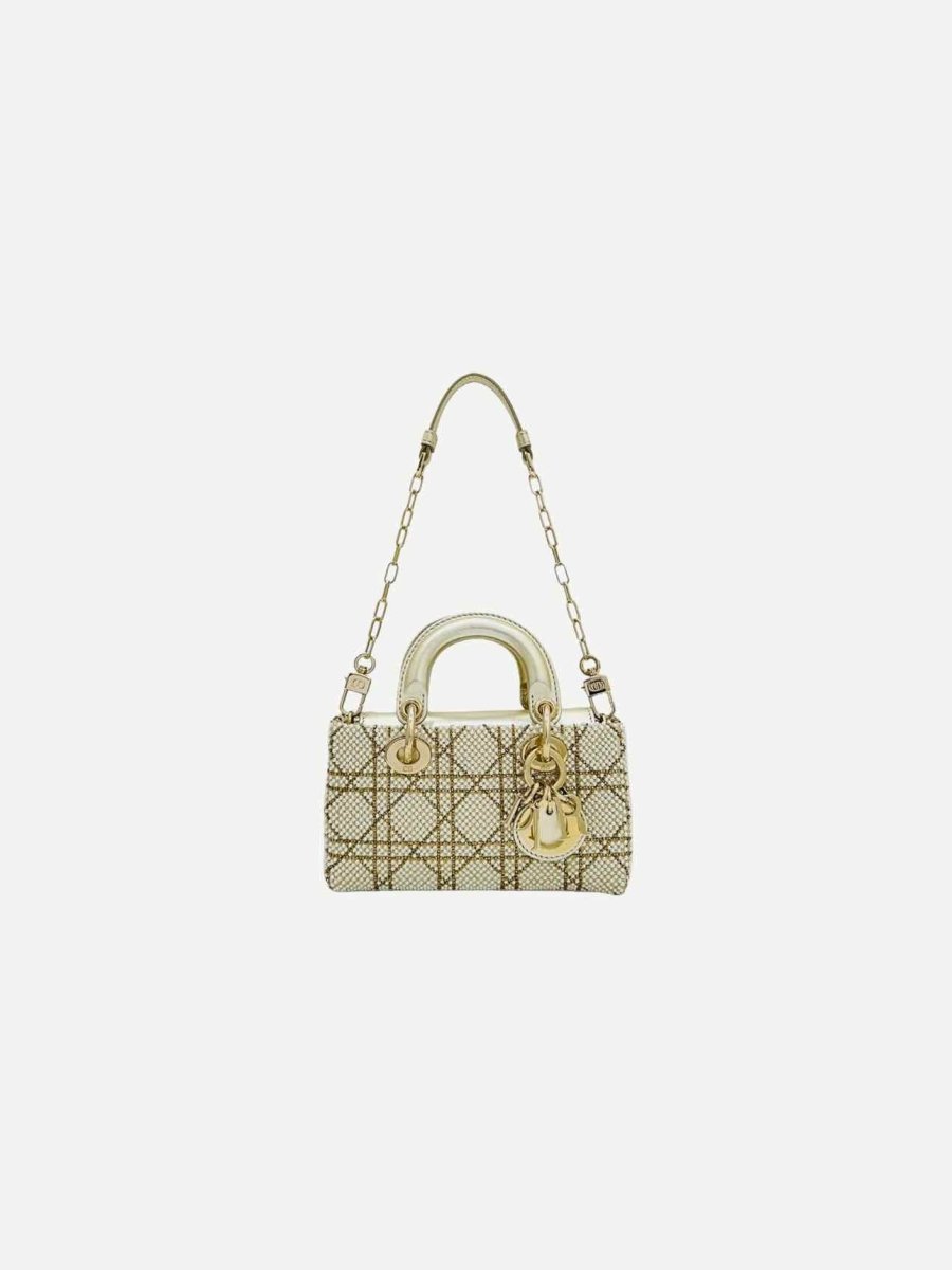 Pre - loved CHRISTIAN DIOR Lady D - Joy Size Micro Pearl Embellished Gold Leather Shoulder Bag at Reems Closet