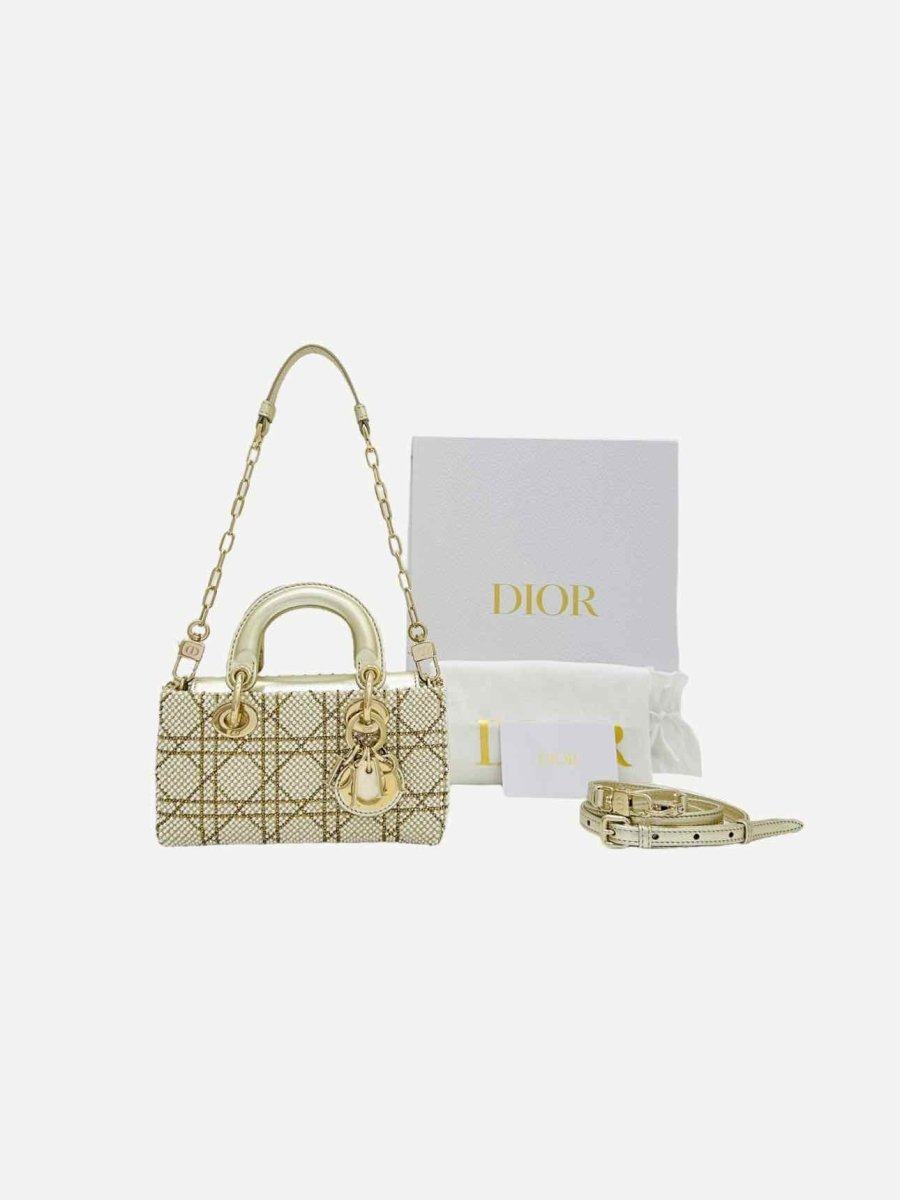 Pre - loved CHRISTIAN DIOR Lady D - Joy Size Micro Pearl Embellished Gold Leather Shoulder Bag at Reems Closet