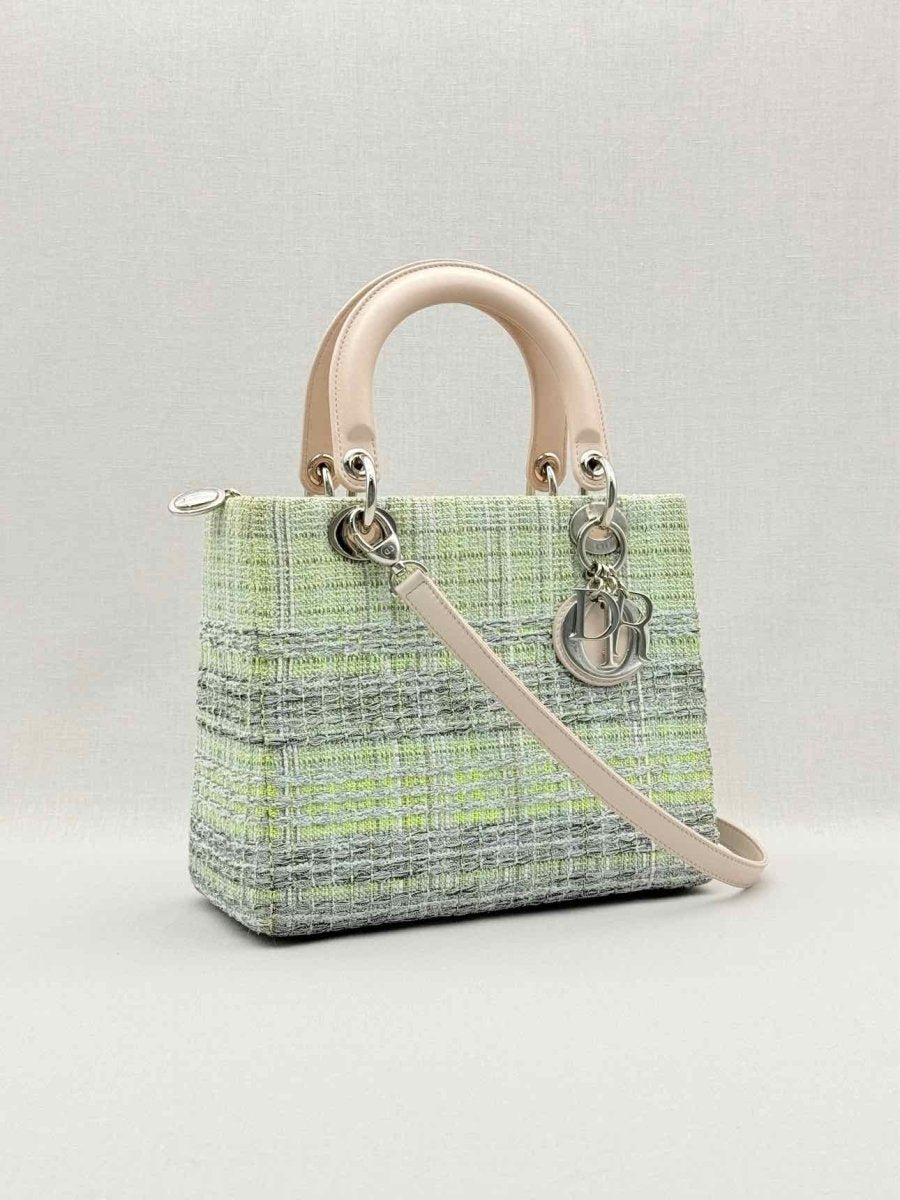 Pre - loved CHRISTIAN DIOR Lady Dior Green & Beige Top Handle at Reems Closet