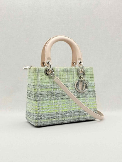 Pre - loved CHRISTIAN DIOR Lady Dior Green & Beige Top Handle at Reems Closet