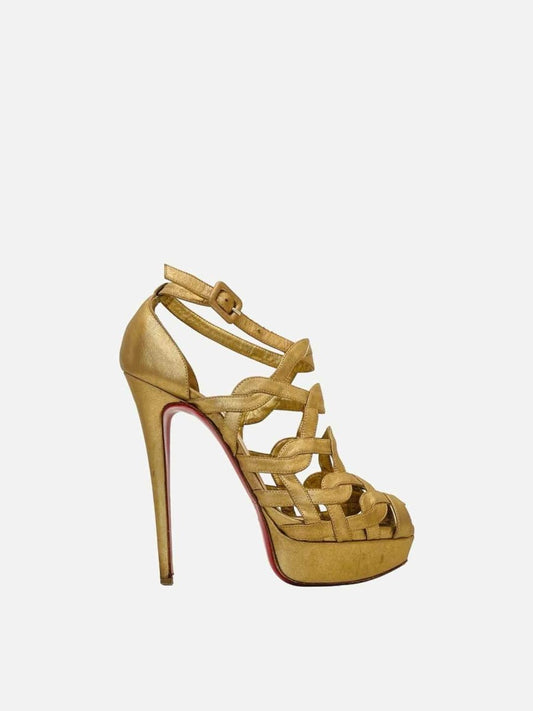 Pre - loved CHRISTIAN LOUBOUTIN Ankle Strap Gold Heeled Sandals at Reems Closet