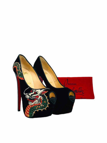 Pre - loved CHRISTIAN LOUBOUTIN Black Embroidered Pumps at Reems Closet