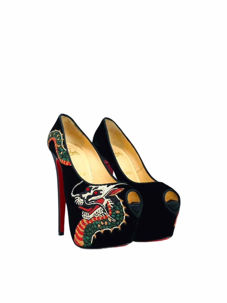 Pre - loved CHRISTIAN LOUBOUTIN Black Embroidered Pumps at Reems Closet