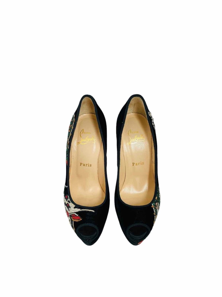 Pre - loved CHRISTIAN LOUBOUTIN Black Embroidered Pumps at Reems Closet