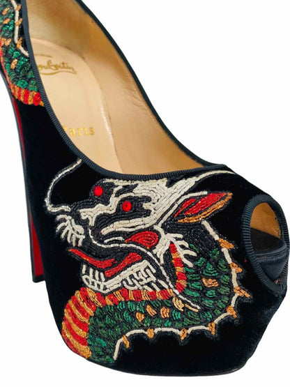 Pre - loved CHRISTIAN LOUBOUTIN Black Embroidered Pumps at Reems Closet