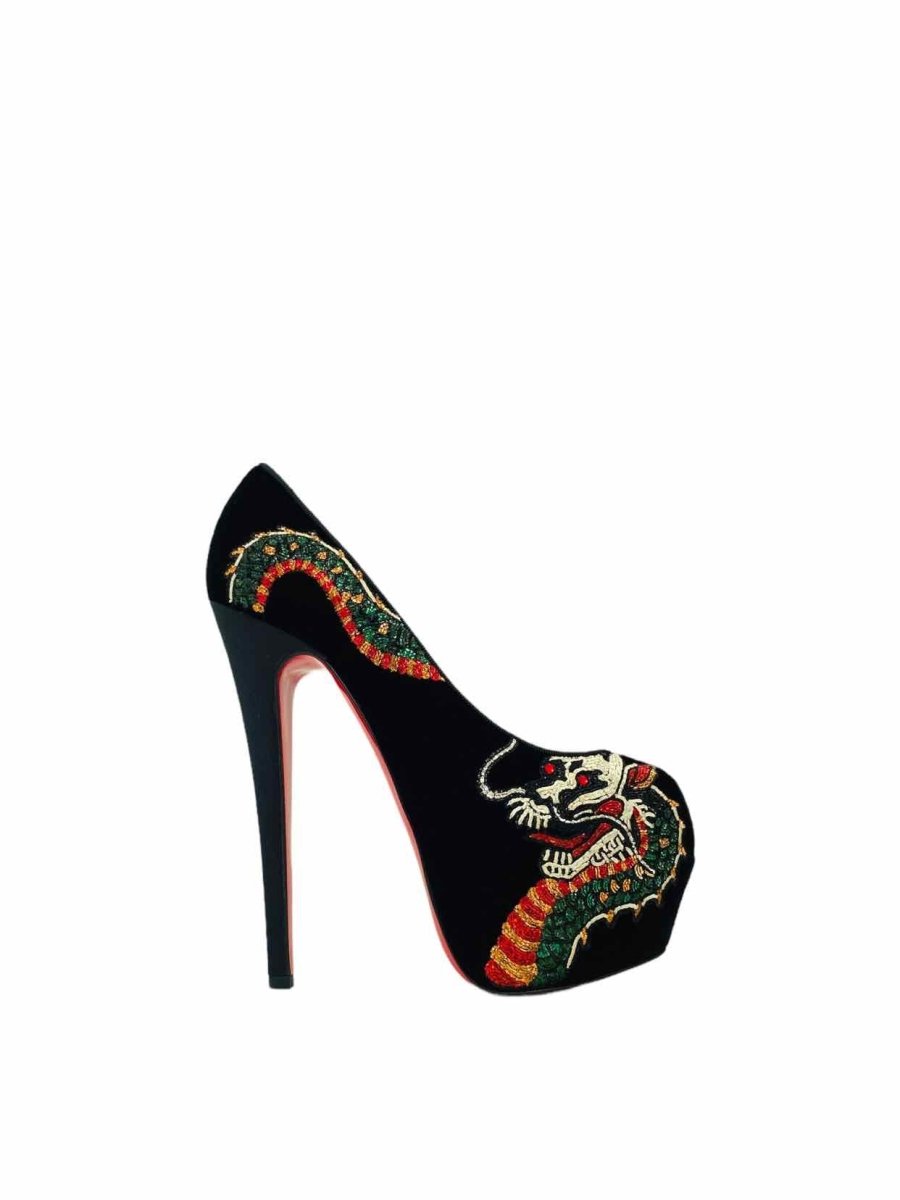 Pre - loved CHRISTIAN LOUBOUTIN Black Embroidered Pumps at Reems Closet