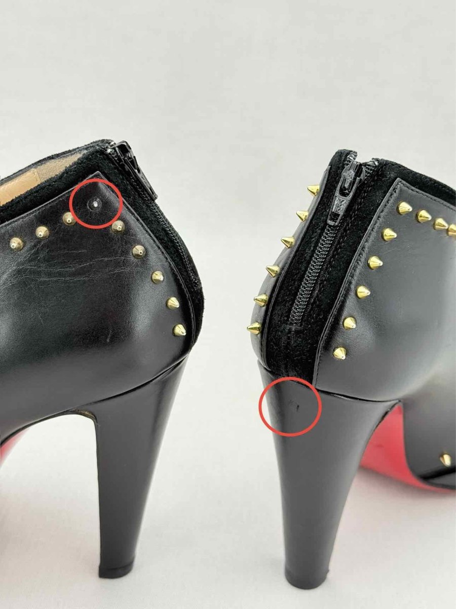 Pre - loved CHRISTIAN LOUBOUTIN Black & Gold Size EU 38 Ankle Boots at Reems Closet