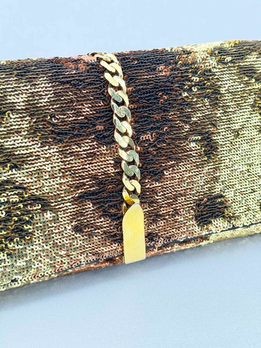 Pre-loved CHRISTIAN LOUBOUTIN Catalina Gold & Brown Clutch at Reems Closet