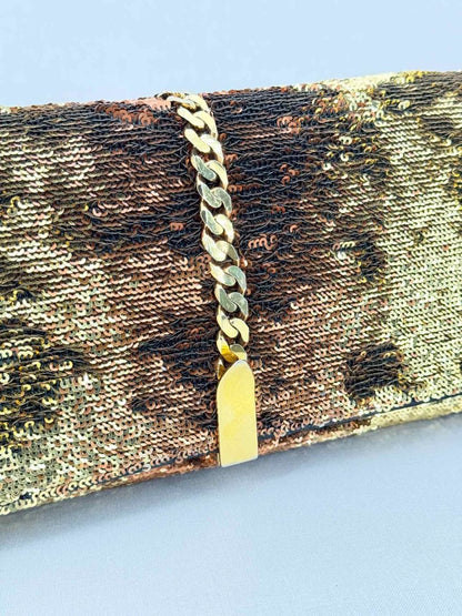 Pre-loved CHRISTIAN LOUBOUTIN Catalina Gold & Brown Clutch at Reems Closet