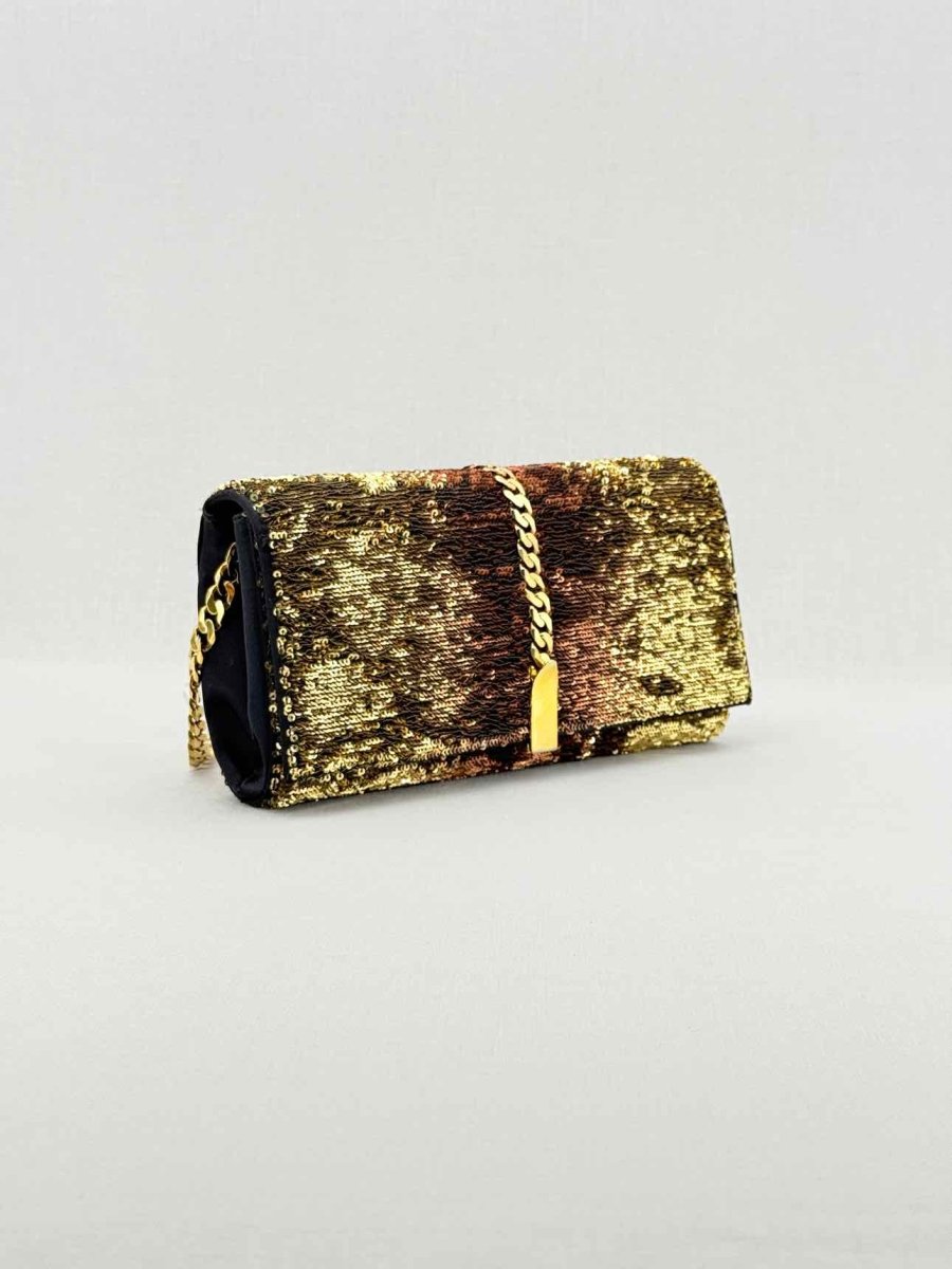 Pre-loved CHRISTIAN LOUBOUTIN Catalina Gold & Brown Clutch at Reems Closet