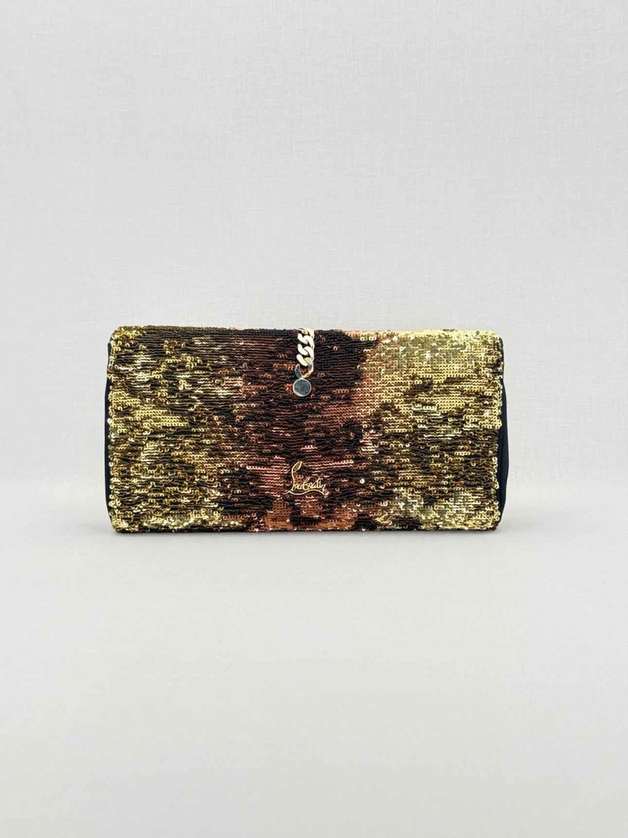Pre-loved CHRISTIAN LOUBOUTIN Catalina Gold & Brown Clutch at Reems Closet