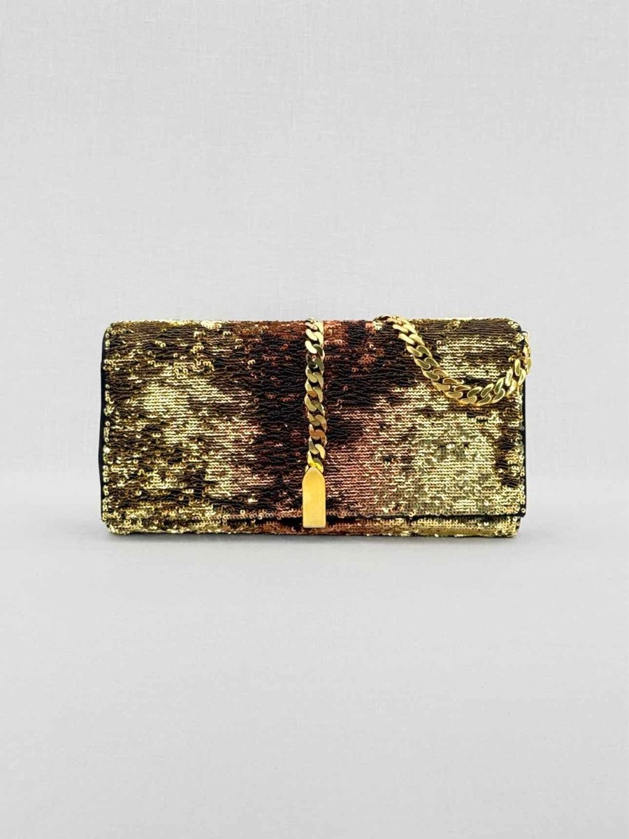Pre-loved CHRISTIAN LOUBOUTIN Catalina Gold & Brown Clutch at Reems Closet