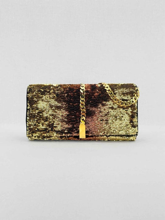 Pre-loved CHRISTIAN LOUBOUTIN Catalina Gold & Brown Clutch at Reems Closet