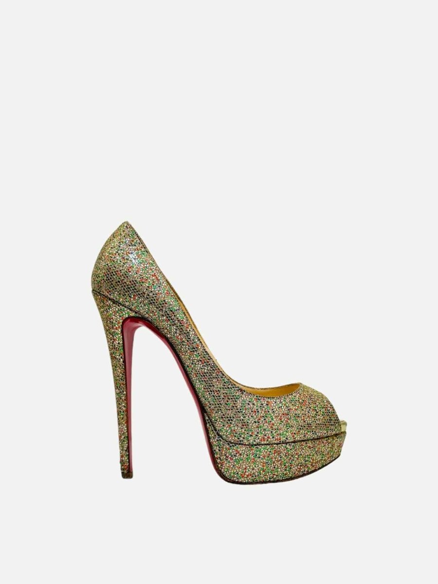 Pre - loved CHRISTIAN LOUBOUTIN Lady Peep Gold Multicolor Pumps at Reems Closet