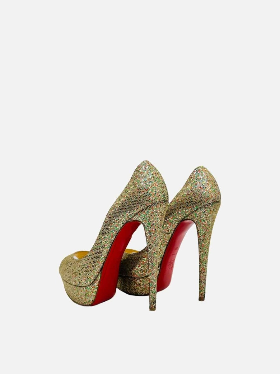 Pre - loved CHRISTIAN LOUBOUTIN Lady Peep Gold Multicolor Pumps at Reems Closet